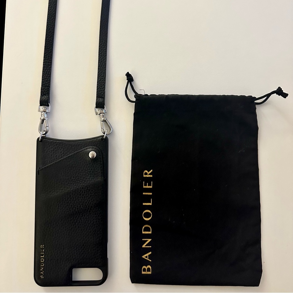 iPhone Pebble Leather Crossbody Bandolier Case Black / Silver 8 , 7 , or 6 Plus